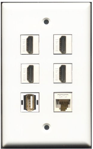 RiteAV - 4 Port HDMI 1 USB A-A 1 Cat6 Ethernet White Wall Plate