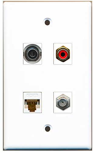 RiteAV - 1 Port RCA Red 1 Port Coax Cable TV- F-Type 1 Port 3.5mm 1 Port Cat6 Ethernet White Wall Plate