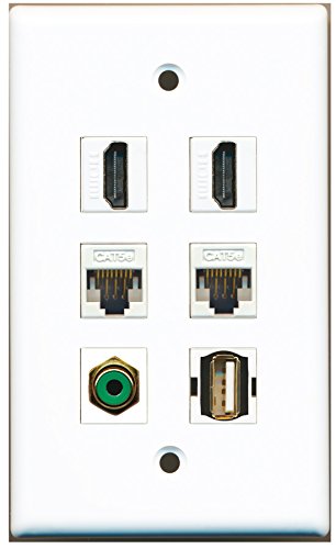 RiteAV - 2 HDMI 1 Port RCA Green 1 Port USB A-A 2 Port Cat5e Ethernet White Wall Plate
