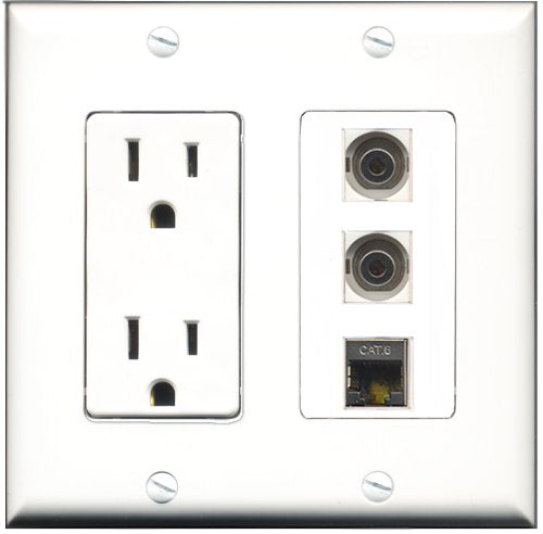 RiteAV - 15 Amp Power Outlet 1 Port Shielded Cat6 Ethernet Ethernet 2 Port 3.5mm Decorative Wall Plate