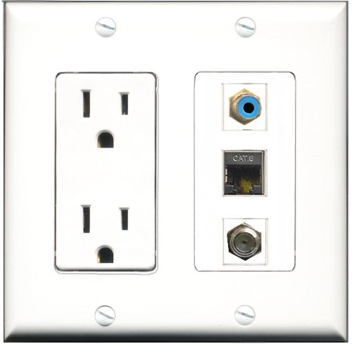 RiteAV - 15 Amp Power Outlet 1 Port RCA Blue 1 Port Coax 1 Port Shielded Cat6 Ethernet Ethernet Decorative Wall Plate