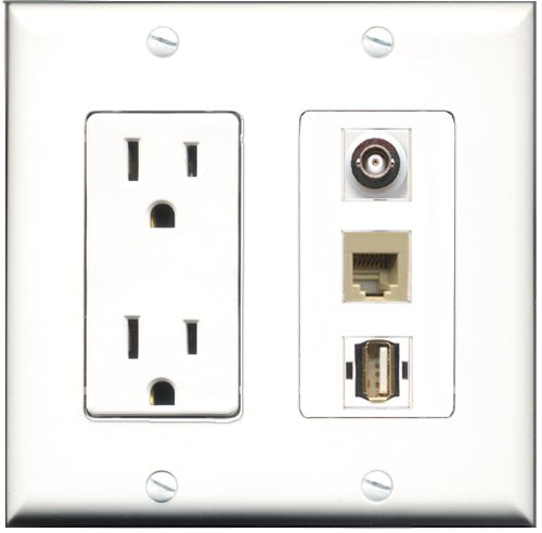 RiteAV - 15 Amp Power Outlet 1 Port USB A-A 1 Port Phone Beige 1 Port BNC Decorative Wall Plate