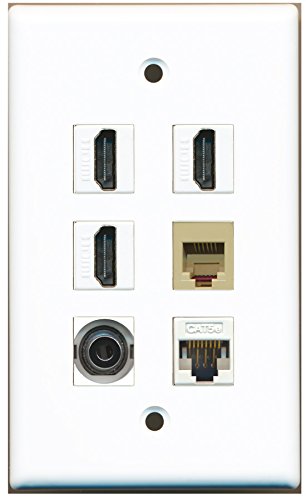 RiteAV - 3 HDMI 1 Port Phone RJ11 RJ12 Beige 1 Port 3.5mm 1 Port Cat5e Ethernet White Wall Plate