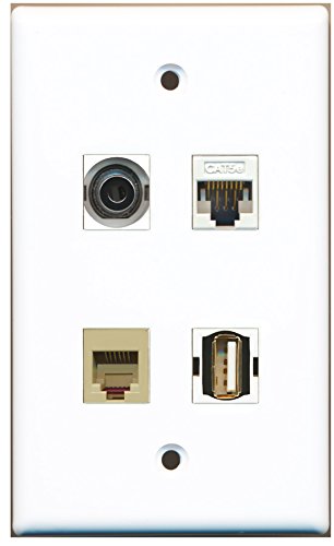 RiteAV - 1 Port USB A-A 1 Port Phone RJ11 RJ12 Beige 1 Port 3.5mm 1 Port Cat5e Ethernet White Wall Plate