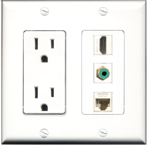 RiteAV - 15 Amp Power Outlet 1 Port HDMI 1 Port RCA Green 1 Port Cat6 Ethernet Ethernet White Decorative Wall Plate