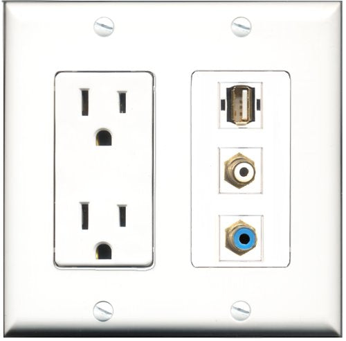 RiteAV - 15 Amp Power Outlet 1 Port RCA White 1 Port RCA Blue 1 Port USB A-A Decorative Wall Plate