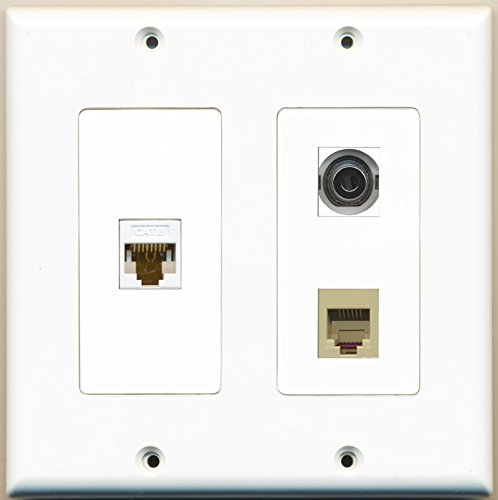 RiteAV - 1 Port Phone RJ11 RJ12 Beige 1 Port 3.5mm 1 Port Cat6 Ethernet White - 2 Gang Wall Plate