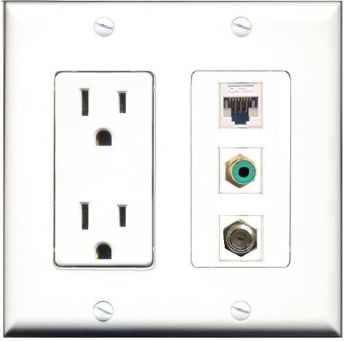 RiteAV - 15 Amp Power Outlet 1 Port RCA Green 1 Port Coax 1 Port Cat5e Ethernet White Decorative Wall Plate