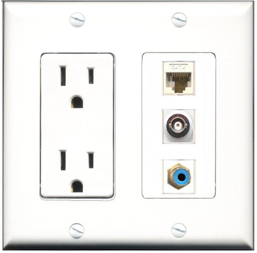 RiteAV - 15 Amp Power Outlet 1 Port RCA Blue 1 Port BNC 1 Port Cat6 Ethernet Ethernet White Decorative Wall Plate