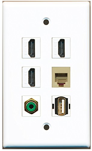 RiteAV - 3 HDMI 1 Port RCA Green 1 Port USB A-A 1 Port Phone RJ11 RJ12 Beige Wall Plate