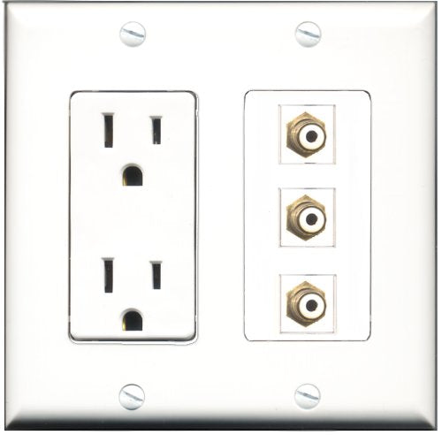 RiteAV - 15 Amp Power Outlet 3 Port RCA White Decorative Wall Plate