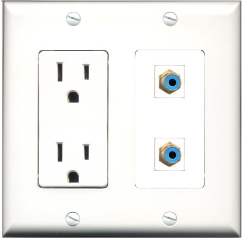 RiteAV - 15 Amp Power Outlet 2 Port RCA Blue Decorative Type Wall Plate White