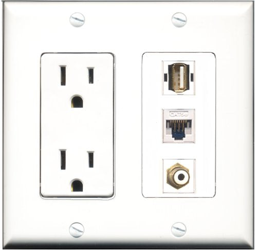 RiteAV - 15 Amp Power Outlet 1 Port RCA White 1 Port USB A-A 1 Port Cat5e Ethernet White Decorative Wall Plate