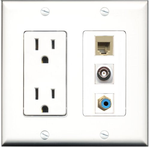 RiteAV - 15 Amp Power Outlet 1 Port RCA Blue 1 Port Phone Beige 1 Port BNC Decorative Wall Plate
