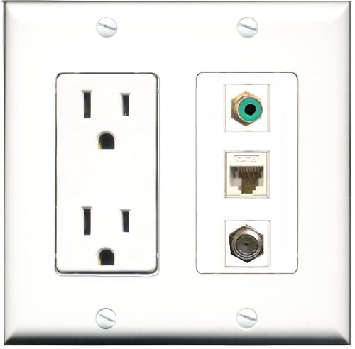 RiteAV - 15 Amp Power Outlet 1 Port RCA Green 1 Port Coax 1 Port Cat6 Ethernet Ethernet White Decorative Wall Plate