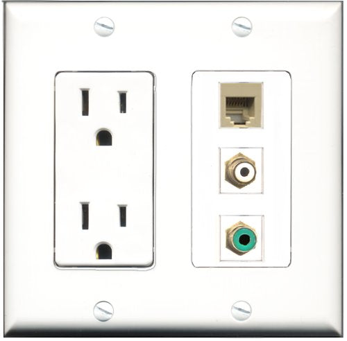 RiteAV - 15 Amp Power Outlet 1 Port RCA White 1 Port RCA Green 1 Port Phone Beige Decorative Wall Plate