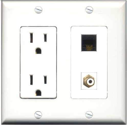 RiteAV - 15 Amp Power Outlet and 1 Port RCA White and 1 Port Cat6 Ethernet Black Decorative Type Wall Plate White