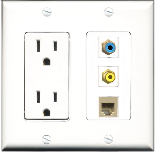 RiteAV - 15 Amp Power Outlet 1 Port RCA Yellow 1 Port RCA Blue 1 Port Phone Beige Decorative Wall Plate