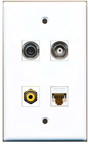RiteAV - 1 Port RCA Yellow 1 Port 3.5mm 1 Port BNC 1 Port Cat6 Ethernet White Wall Plate