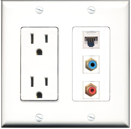 RiteAV - 15 Amp Power Outlet 1 Port RCA Red 1 Port RCA Blue 1 Port Cat5e Ethernet White Decorative Wall Plate