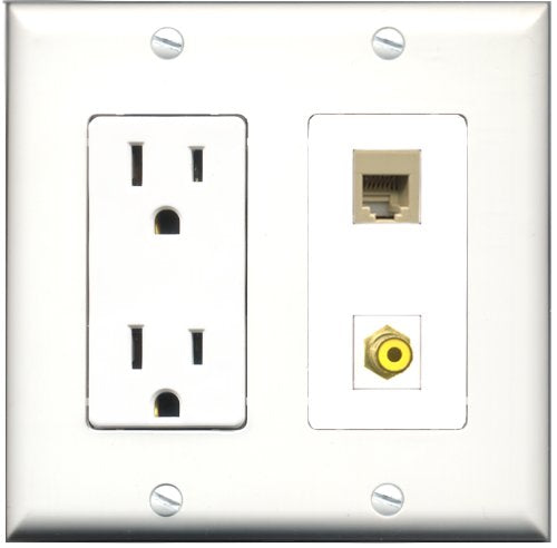RiteAV - 15 Amp Power Outlet and 1 Port RCA Yellow and 1 Port Phone RJ11 RJ12 Beige Decorative Type Wall Plate White