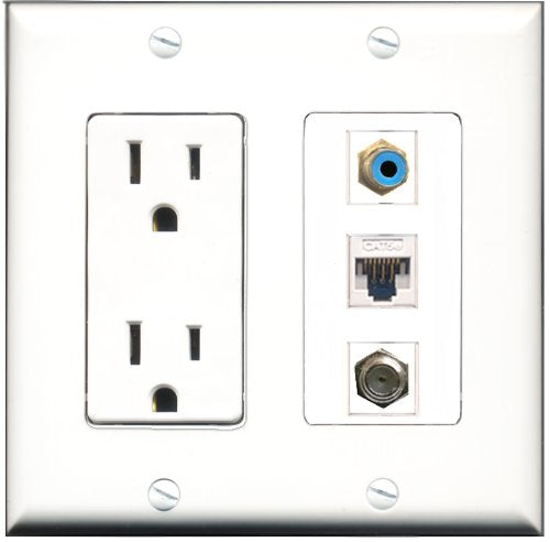 RiteAV - 15 Amp Power Outlet 1 Port RCA Blue 1 Port Coax 1 Port Cat5e Ethernet White Decorative Wall Plate
