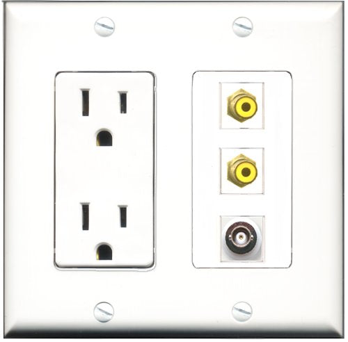 RiteAV - 15 Amp Power Outlet 2 Port RCA Yellow 1 Port BNC Decorative Wall Plate