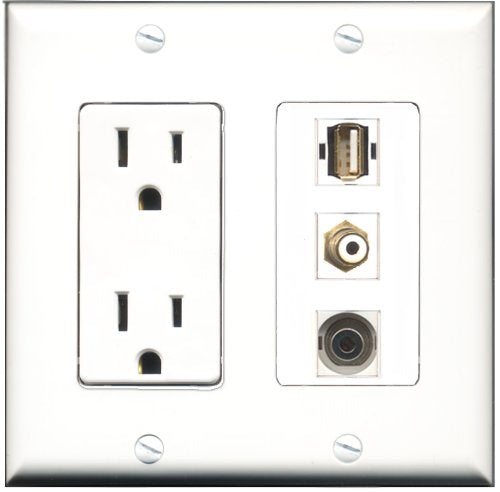 RiteAV - 15 Amp Power Outlet 1 Port RCA White 1 Port USB A-A 1 Port 3.5mm Decorative Wall Plate