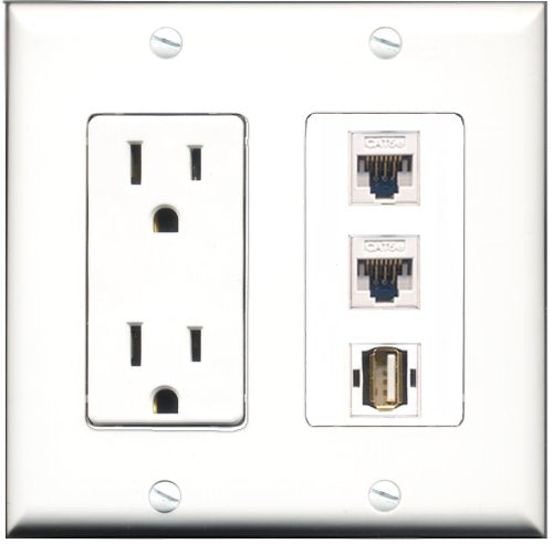 RiteAV - 15 Amp Power Outlet 1 Port USB A-A 2 Port Cat5e Ethernet White Decorative Wall Plate