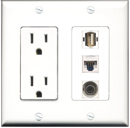 RiteAV - 15 Amp Power Outlet 1 Port USB A-A 1 Port 3.5mm 1 Port Cat5e Ethernet White Decorative Wall Plate