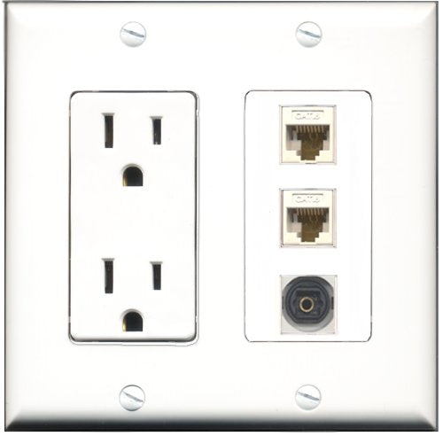 RiteAV - 15 Amp Power Outlet 1 Port Toslink 2 Port Cat6 Ethernet Ethernet White Decorative Wall Plate