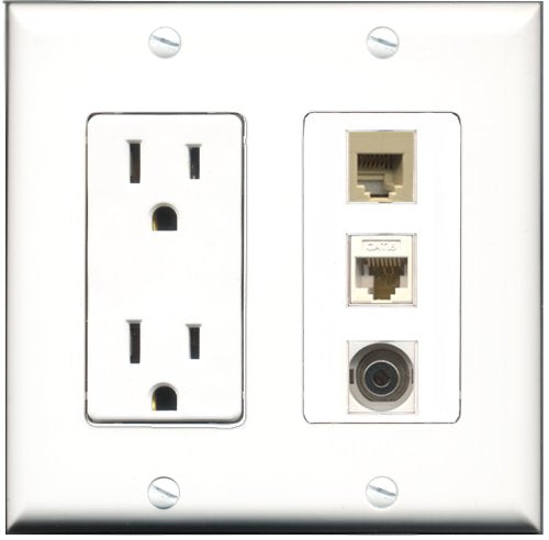 RiteAV - 15 Amp Power Outlet 1 Port Phone Beige 1 Port 3.5mm 1 Port Cat6 Ethernet Ethernet White Decorative Wall Plate