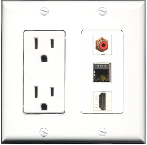 RiteAV - 15 Amp Power Outlet 1 Port HDMI 1 Port RCA Red 1 Port Shielded Cat6 Ethernet Ethernet Decorative Wall Plate