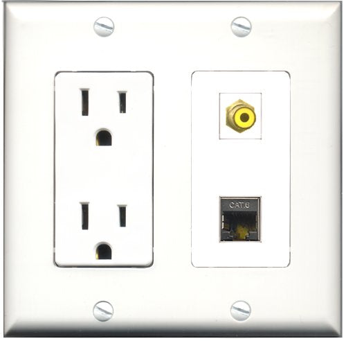 RiteAV - 15 Amp Power Outlet and 1 Port RCA Yellow and 1 Port Shielded Cat6 Ethernet Decorative Type Wall Plate White