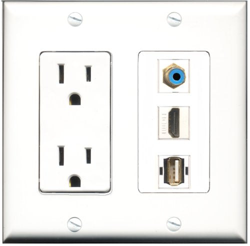 RiteAV - 15 Amp Power Outlet 1 Port HDMI 1 Port RCA Blue 1 Port USB A-A Decorative Wall Plate