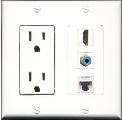 RiteAV - 15 Amp Power Outlet 1 Port HDMI 1 Port RCA Blue 1 Port Cat5e Ethernet White Decorative Wall Plate