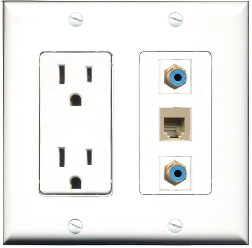 RiteAV - 15 Amp Power Outlet 2 Port RCA Blue 1 Port Phone Beige Decorative Wall Plate