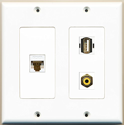 RiteAV - 1 Port RCA Yellow 1 Port USB A-A 1 Port Cat6 Ethernet White - 2 Gang Wall Plate