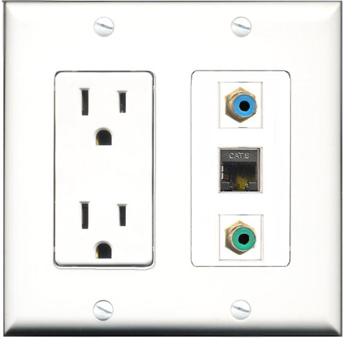 RiteAV - 15 Amp Power Outlet 1 Port RCA Green 1 Port RCA Blue 1 Port Shielded Cat6 Ethernet Ethernet Decorative Wall Plate