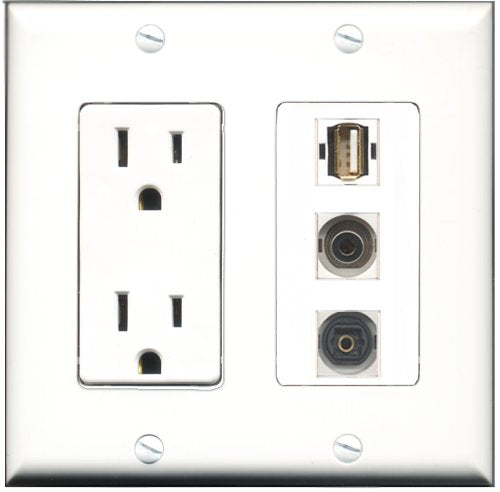 RiteAV - 15 Amp Power Outlet 1 Port USB A-A 1 Port Toslink 1 Port 3.5mm Decorative Wall Plate