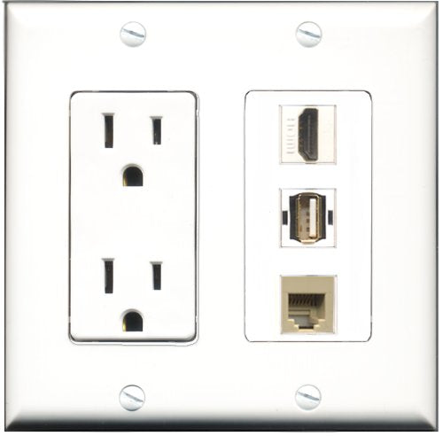 RiteAV - 15 Amp Power Outlet 1 Port HDMI 1 Port USB A-A 1 Port Phone Beige Decorative Wall Plate