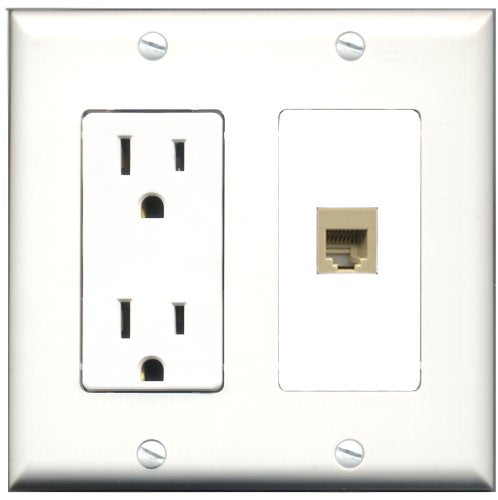 RiteAV - 15 Amp Power Outlet and 1 Port Phone RJ11 RJ12 Beige Decorative Type Wall Plate White