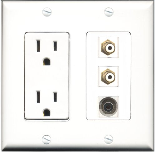 RiteAV - 15 Amp Power Outlet 2 Port RCA White 1 Port 3.5mm Decorative Wall Plate
