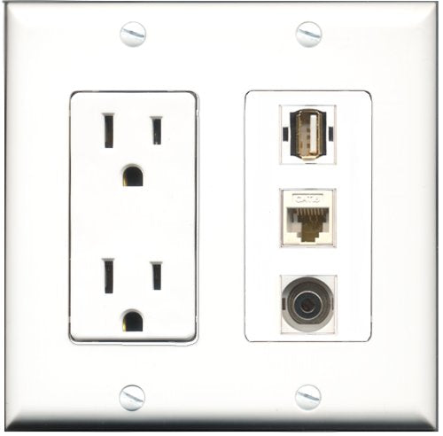 RiteAV - 15 Amp Power Outlet 1 Port USB A-A 1 Port 3.5mm 1 Port Cat6 Ethernet Ethernet White Decorative Wall Plate