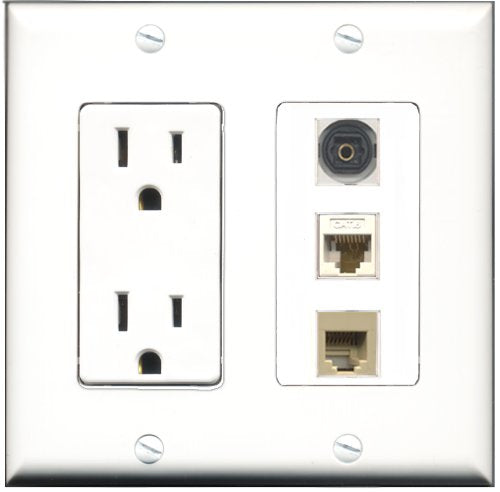 RiteAV - 15 Amp Power Outlet 1 Port Phone Beige 1 Port Toslink 1 Port Cat6 Ethernet Ethernet White Decorative Wall Plate