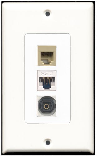 RiteAV - 1 Port Phone RJ11 RJ12 Beige 1 Toslink 1 Cat5e Ethernet White Wall Plate Decorative