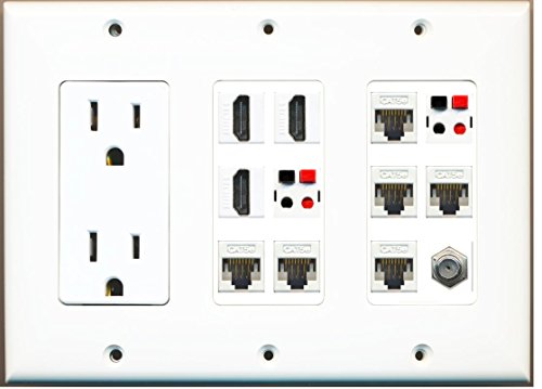 RiteAV - (3 Gang) 15A Power Outlet 3 HDMI Coax 6 Cat5e 2 Speaker Jack Wall Plate White
