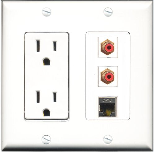 RiteAV - 15 Amp Power Outlet 2 Port RCA Red 1 Port Shielded Cat6 Ethernet Ethernet Decorative Wall Plate
