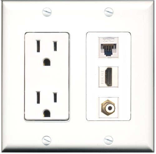 RiteAV - 15 Amp Power Outlet 1 Port HDMI 1 Port RCA White 1 Port Cat5e Ethernet White Decorative Wall Plate