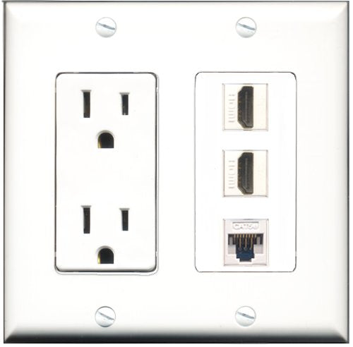 RiteAV - 15 Amp Power Outlet 2 Port HDMI 1 Port Cat5e Ethernet White Decorative Wall Plate